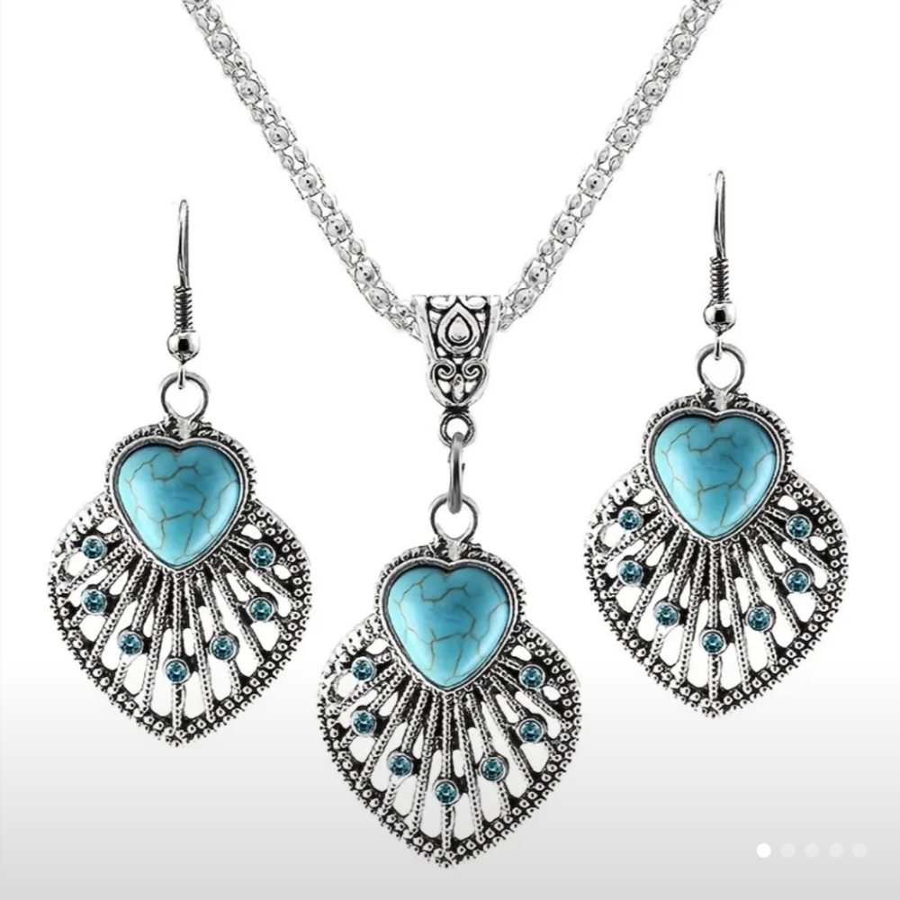Boho Set Hollow Leaf Shaped Inlay Heart Shape Stone Pendant Necklace & Hook Drop